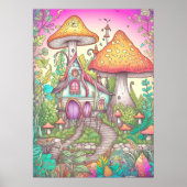 レトロカラフルマッシュルーム樹林住居 ポスター (正面)
