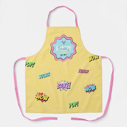レトロカラフルマンガポップ・アートのーおもしろいベーカリーシェフ エプロン (正面)