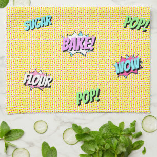 レトロカラフルマンガポップ・アートのーおもしろいベーカリーシェフ キッチンタオル