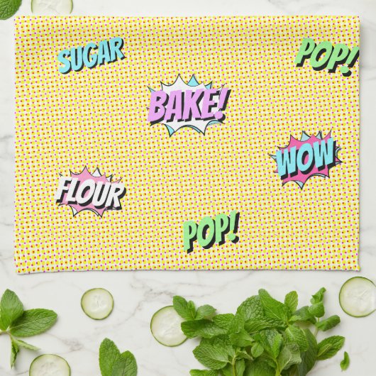 レトロカラフルマンガポップ・アートのーおもしろいベーカリーシェフ キッチンタオル (折り畳み)