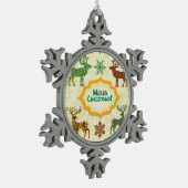 レトロカラフルレインディアメリークリスマス スノーフレークピューターオーナメント (左)