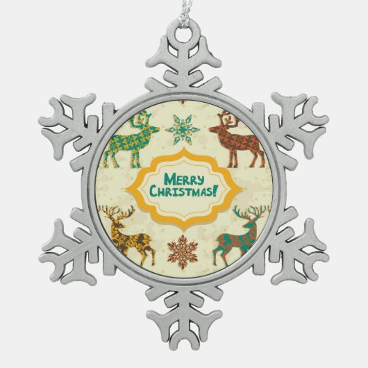 レトロカラフルレインディアメリークリスマス スノーフレークピューターオーナメント (正面)