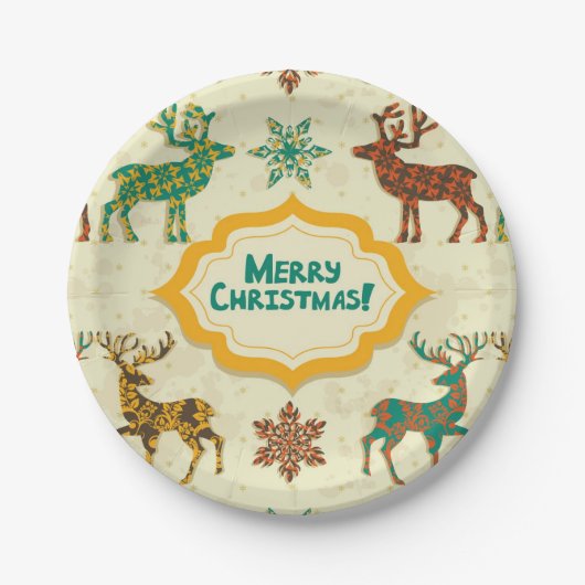 レトロカラフルレインディアメリークリスマス ペーパープレート (正面)
