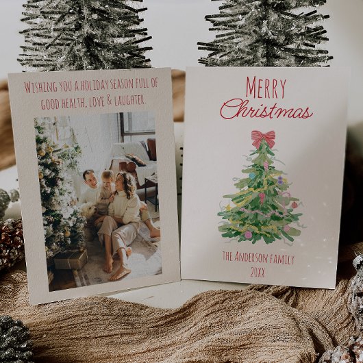 レトロカラフルレッド予測できなグリーンクリスマスボウツリー シーズンカード