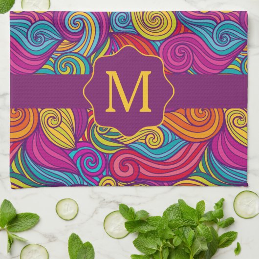 レトロカラフル宝石トーン渦巻形の波形パターン キッチンタオル (折り畳み)