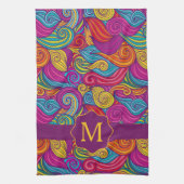 レトロカラフル宝石トーン渦巻形の波形パターン キッチンタオル (縦)
