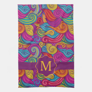 レトロカラフル宝石トーン渦巻形の波形パターン キッチンタオル