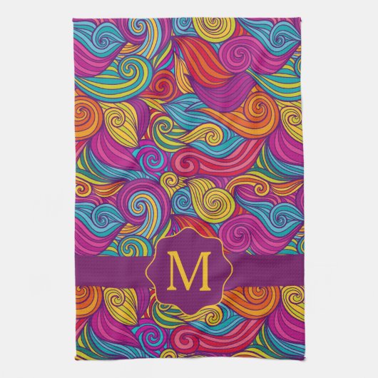 レトロカラフル宝石トーン渦巻形の波形パターン キッチンタオル (縦)