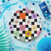 レトロカラフル市松模様にデイジーフラワーチェック ペーパープレート (パーティー)