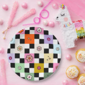 レトロカラフル市松模様にデイジーフラワーチェック ペーパープレート (パーティー)