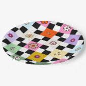 レトロカラフル市松模様にデイジーフラワーチェック ペーパープレート (アングル)