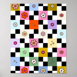 レトロカラフル市松模様にデイジーフラワーチェック ポスター