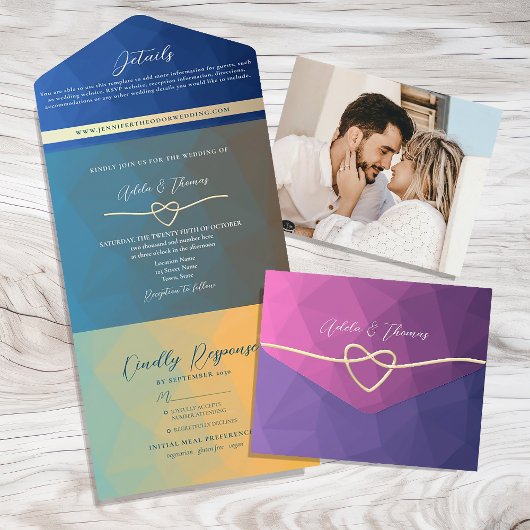 レトロカラフル幾何学的フォト結婚式招待状 オールインワン招待状