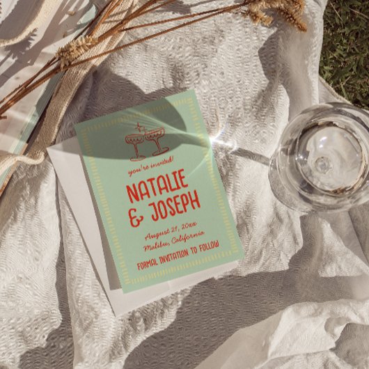 レトロカラフル手描きパステルおもしろいフォト結婚ズ セーブザデート