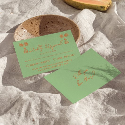 レトロカラフル手描き明るい色のおもしろい結婚 出欠カード