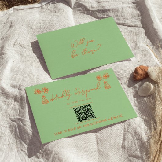 レトロカラフル手描き明るいQRコー結婚ド 出欠カード