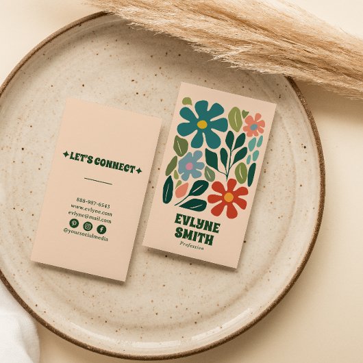 レトロカラフル手描きGroovyフローラ抽象芸術 名刺