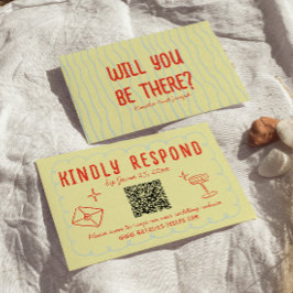 レトロカラフル手書きユニークQRコー結婚ド 出欠カード