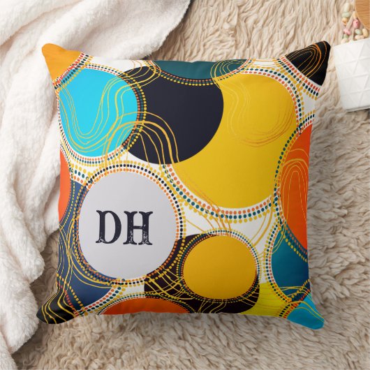レトロカラフル抽象芸術ドットPersonalize Monogram クッション (ブランケット)