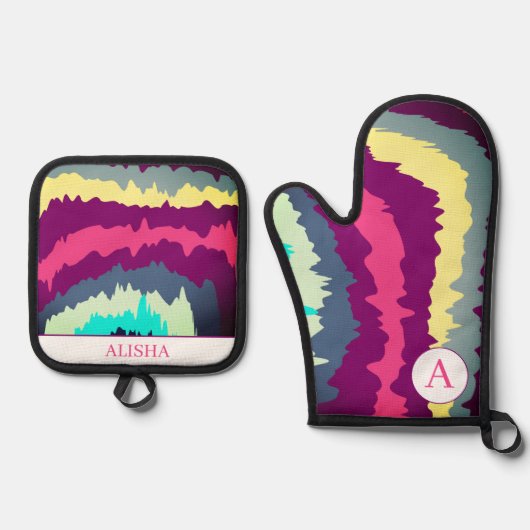 レトロカラフル曲線Groovyパターン 鍋つかみ&鍋敷きセット (正面)