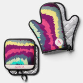 レトロカラフル曲線Groovyパターン 鍋つかみ&鍋敷きセット (正面/裏面)