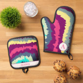 レトロカラフル曲線Groovyパターン 鍋つかみ&鍋敷きセット (トップダウン)