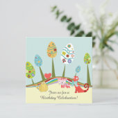 レトロカラフル猫とイースターエッグの木の誕生日 招待状 (スタンド正面)