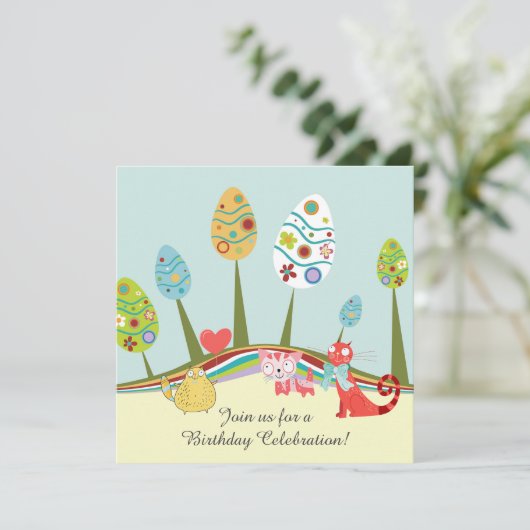 レトロカラフル猫とイースターエッグの木の誕生日 招待状 (スタンド正面)