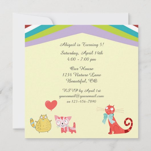 レトロカラフル猫とイースターエッグの木の誕生日 招待状 (裏面)