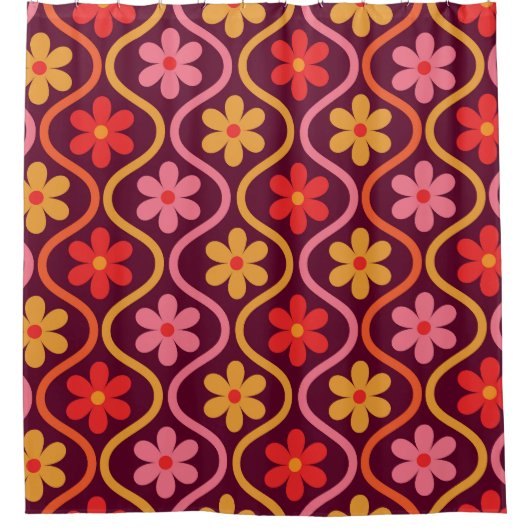 レトロカラフル花オンヴィンテージ染め模様 シャワーカーテン (正面)