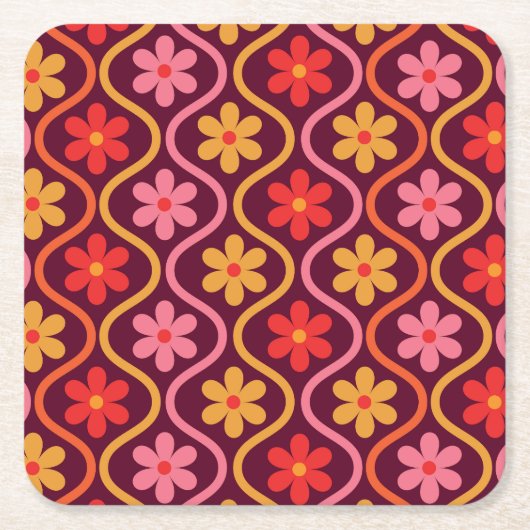 レトロカラフル花オンヴィンテージ染め模様 スクエアペーパーコースター (正面)