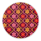 レトロカラフル花オンヴィンテージ染め模様 セラミックノブ (正面)