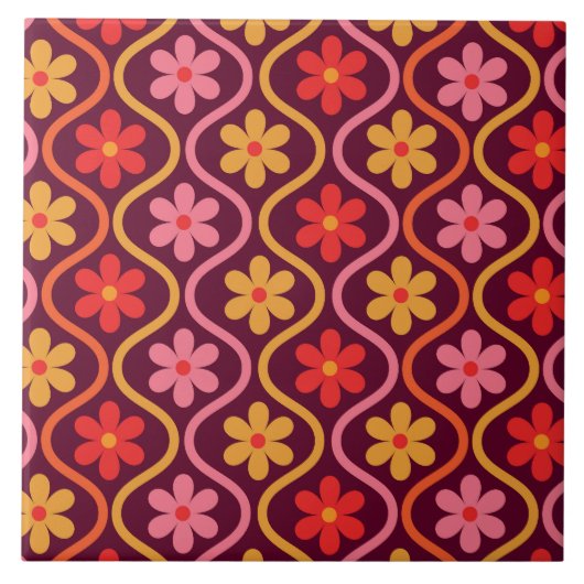 レトロカラフル花オンヴィンテージ染め模様 タイル (正面)