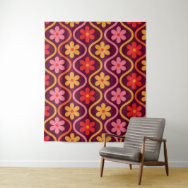 レトロカラフル花オンヴィンテージ染め模様 タペストリー