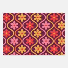 レトロカラフル花オンヴィンテージ染め模様 ラッピングペーパーシート