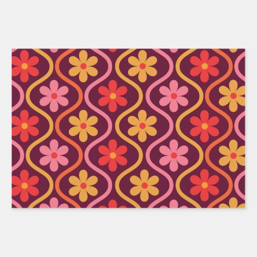 レトロカラフル花オンヴィンテージ染め模様 ラッピングペーパーシート (正面)