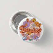 レトロカラフル花先生ボタン 缶バッジ (正面&裏面)