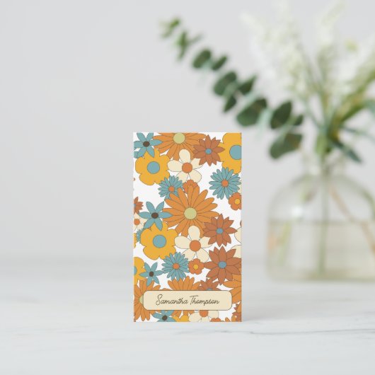 レトロカラフル花柄QRコードソーシャルメディア 名刺 (スタンド正面)