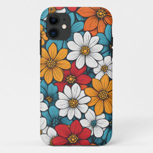 レトロカラフル花青赤黄色オレンジ iPhone 11 ケース