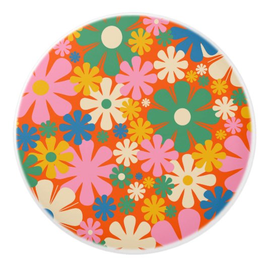 レトロカラフル花60s 70s花柄 セラミックノブ (正面)