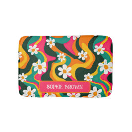 レトロカラフル花70s模様（名前） バスマット