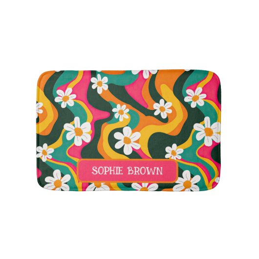 レトロカラフル花70s模様（名前） バスマット (正面)