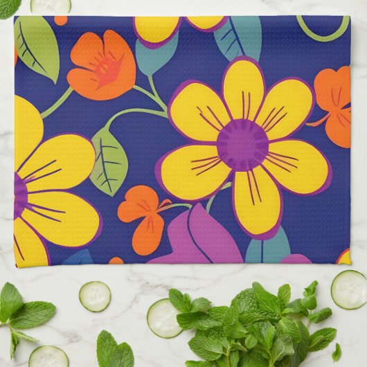 レトロカラフル花 – ドーパミンスタイル キッチンタオル (折り畳み)