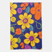 レトロカラフル花 – ドーパミンスタイル キッチンタオル (縦)