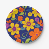 レトロカラフル花 – ドーパミンスタイル ペーパープレート (正面)