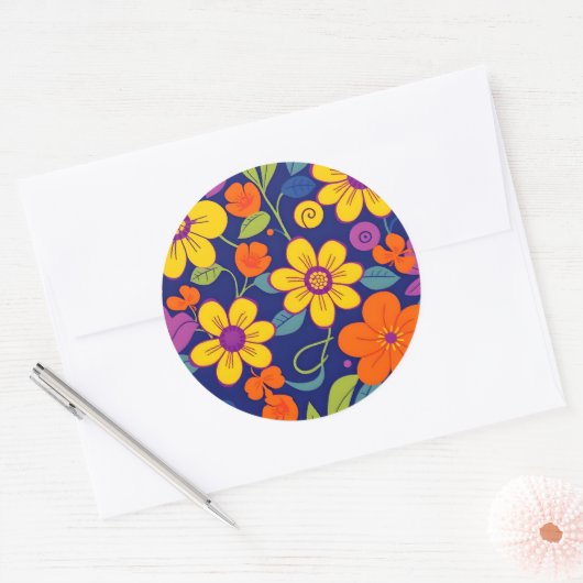 レトロカラフル花 – ドーパミンスタイル ラウンドシール (封筒)