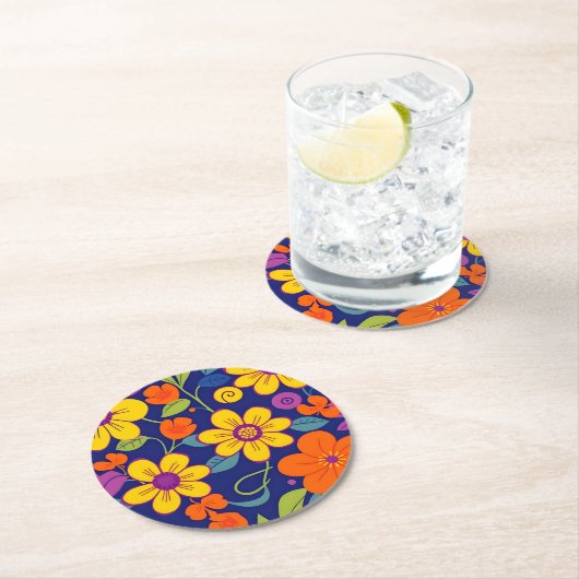 レトロカラフル花 – ドーパミンスタイル ラウンドペーパーコースター (インサイチュ)