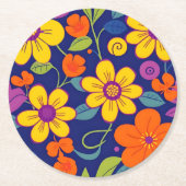 レトロカラフル花 – ドーパミンスタイル ラウンドペーパーコースター (正面)