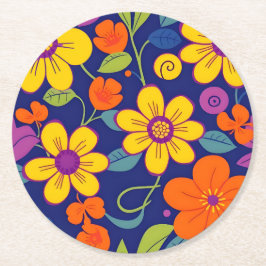 レトロカラフル花 – ドーパミンスタイル ラウンドペーパーコースター