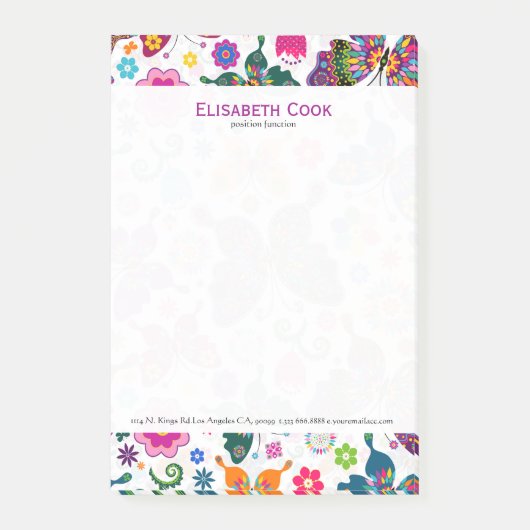 レトロカラフル蝶と花のパターン ポストイット (正面)